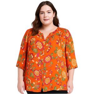 ROSE + OLIVE Blouse 1X Orange Floral Top Plus Size Boho Smocked Neck 3/4 Sleeve